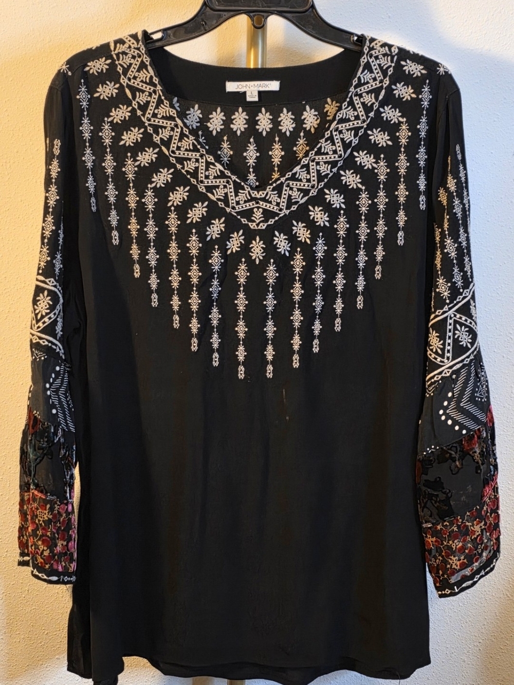 John Mark Black Tunic with White Embroidered Yoke and Red Accent Sleeves